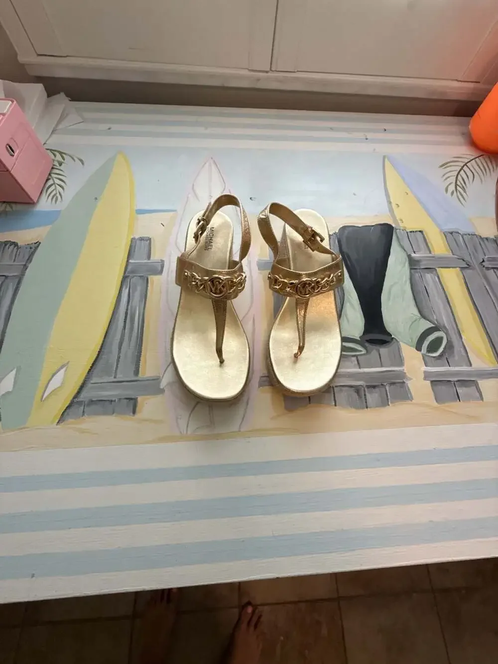 Michael Kors Roxane Metallic Gold T-Strap Espadrille Wedge Sandals